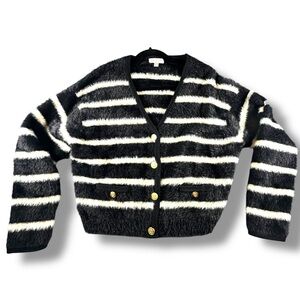 J.Crew Sweater Lady Jacket Striped Brushed Yarn Size XS Gold Button Black/White